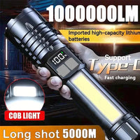 High Power LED Flashlight Powerful TYPE-C Rechargeable COB Flashlight With Side Light Torch For Outdoor Camping Hiking